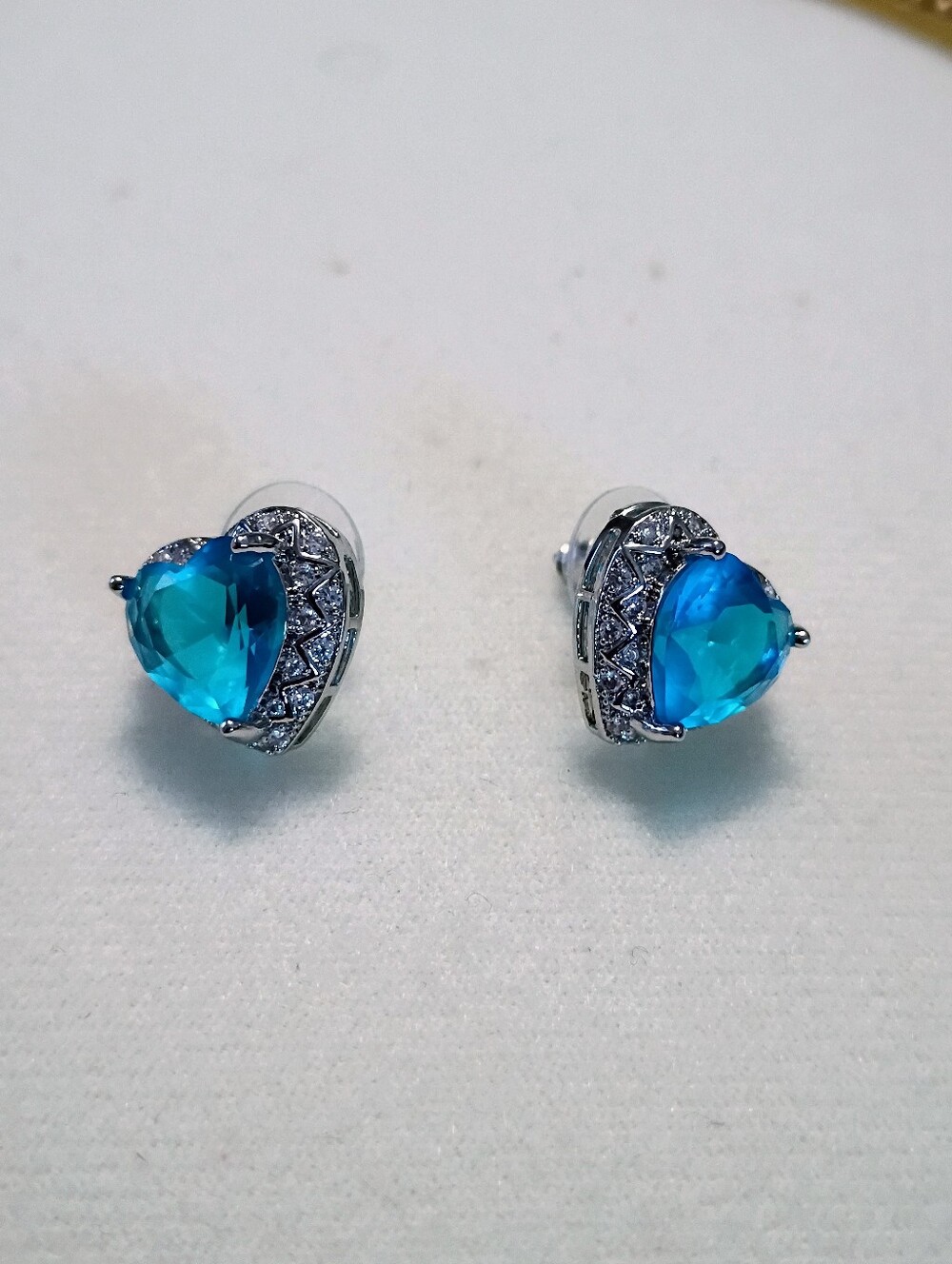 New Blue & Clear Heart CZ Stud Earrings - White Gold Plated